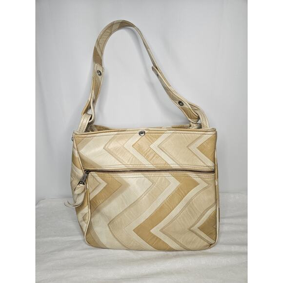 Vintage 70s Handmade Cream Tan Leather Tote Handbag Purse Shoulder Bag Chevron - Picture 4 of 7